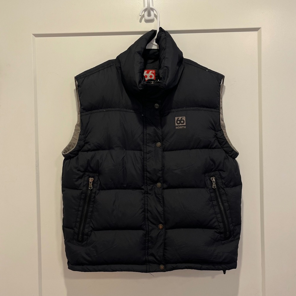 66 North Iceland Mens Grey Goose Down Puffer Vest Black Size Medium